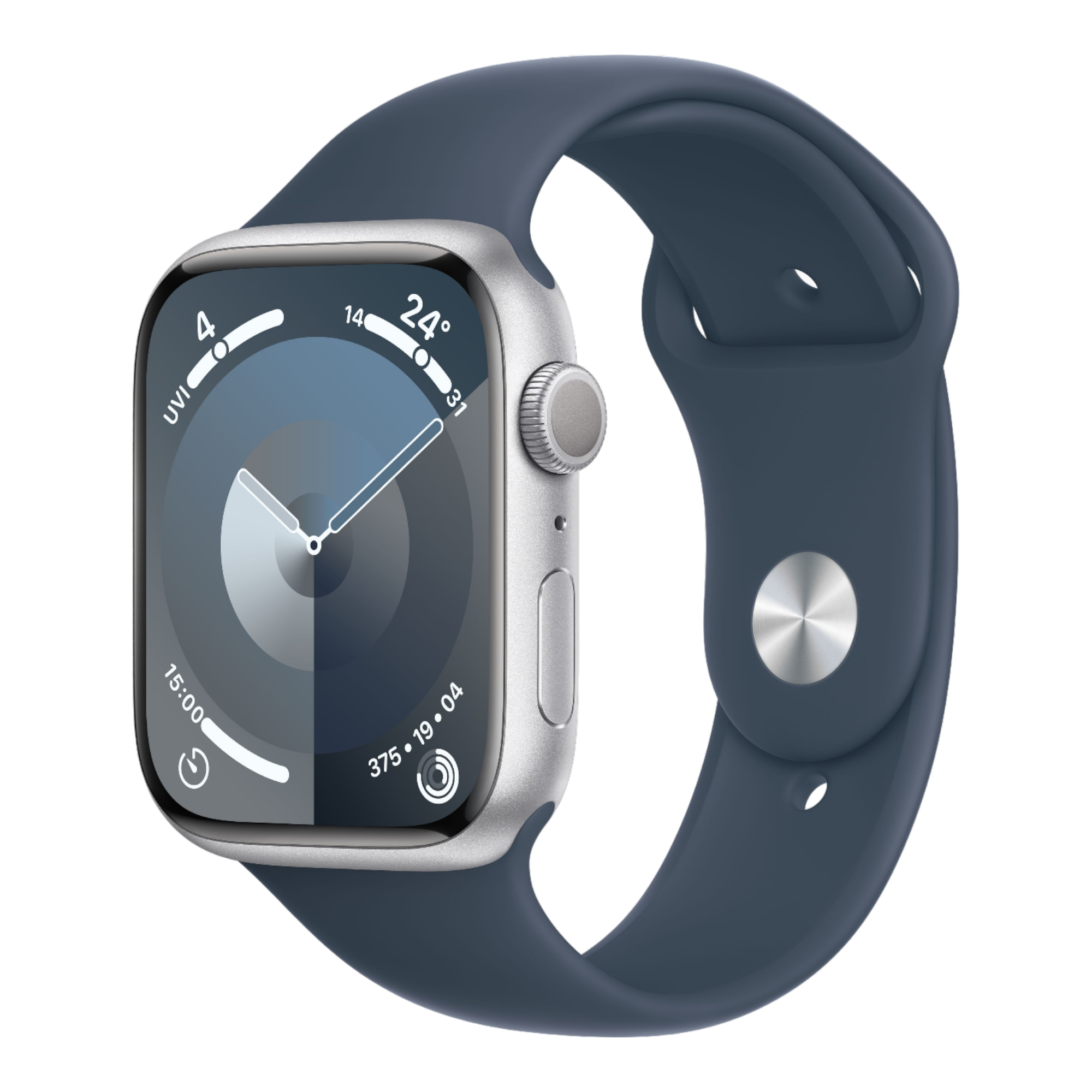 Apple Watch Series 9 GPS, 45mm Silver Aluminum Case with Storm Blue Sport Band - S/M - alAsil